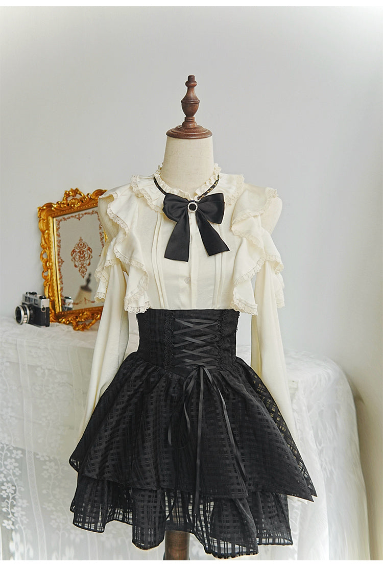 Black Jirai Kei Skirt Set with Open-shoulder Lace Blouse (L M S) 42239:739369