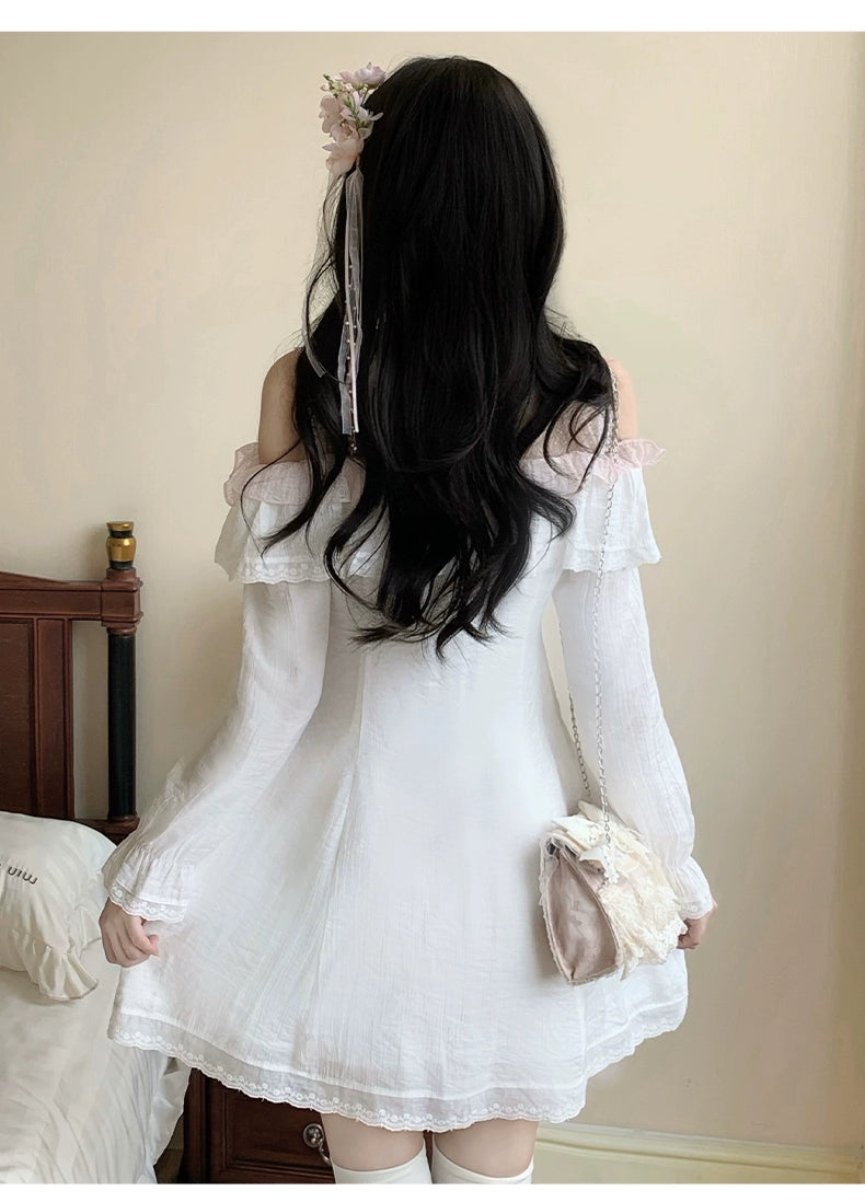 Ryousangata Open Shoulder A-Line Dress with Lace & Bow 43070:764341