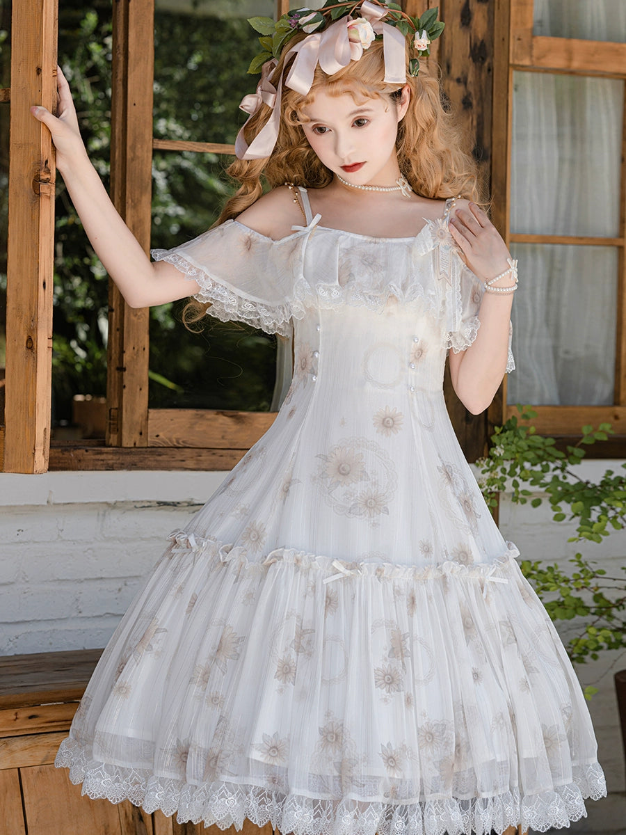 Lolita Dress Sunflower Print JSK White Strap Lolita Dress 36480:545950