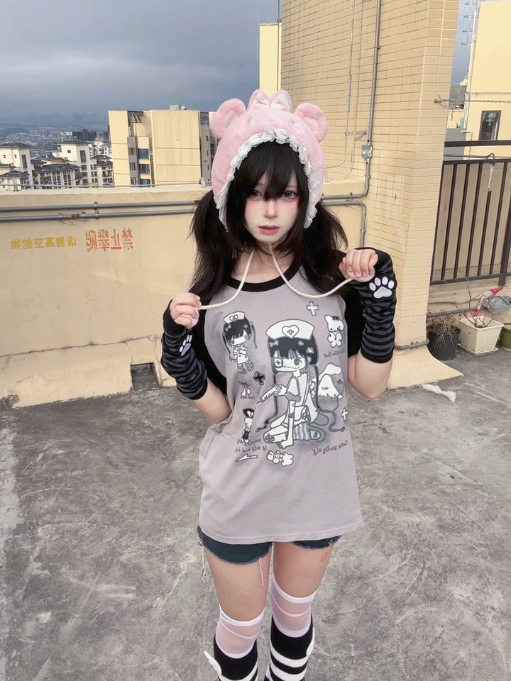 Yami Kawaii Cotton T-Shirt with Angelic Nurse Print 42852:755347