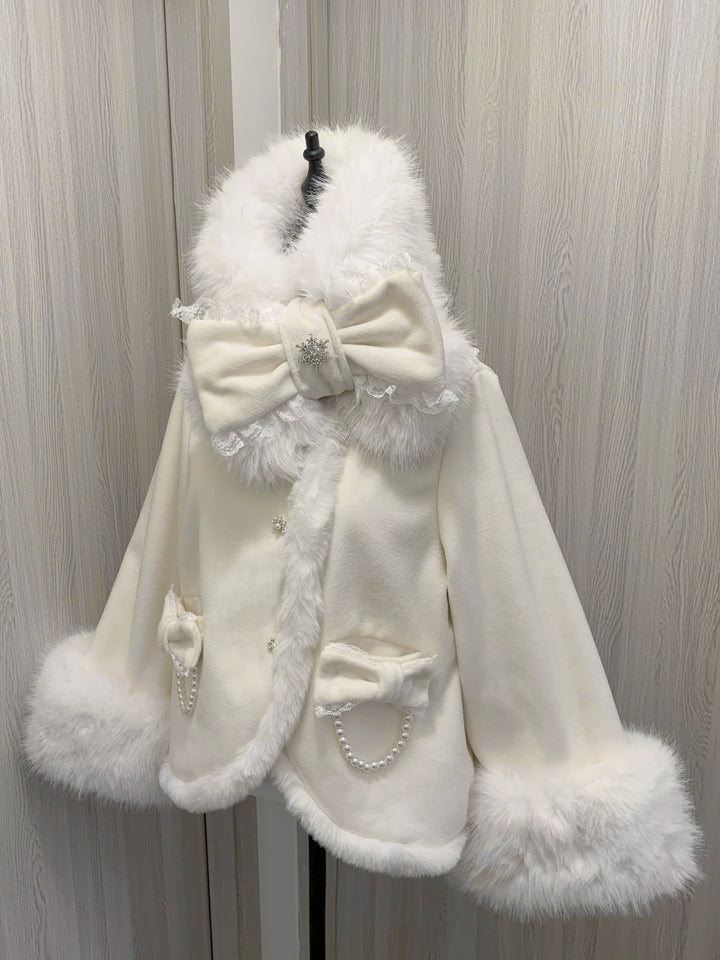 Jirai Kei Wool Coat Fur Collar Big Bow Knot Winter Coat 40572:674274