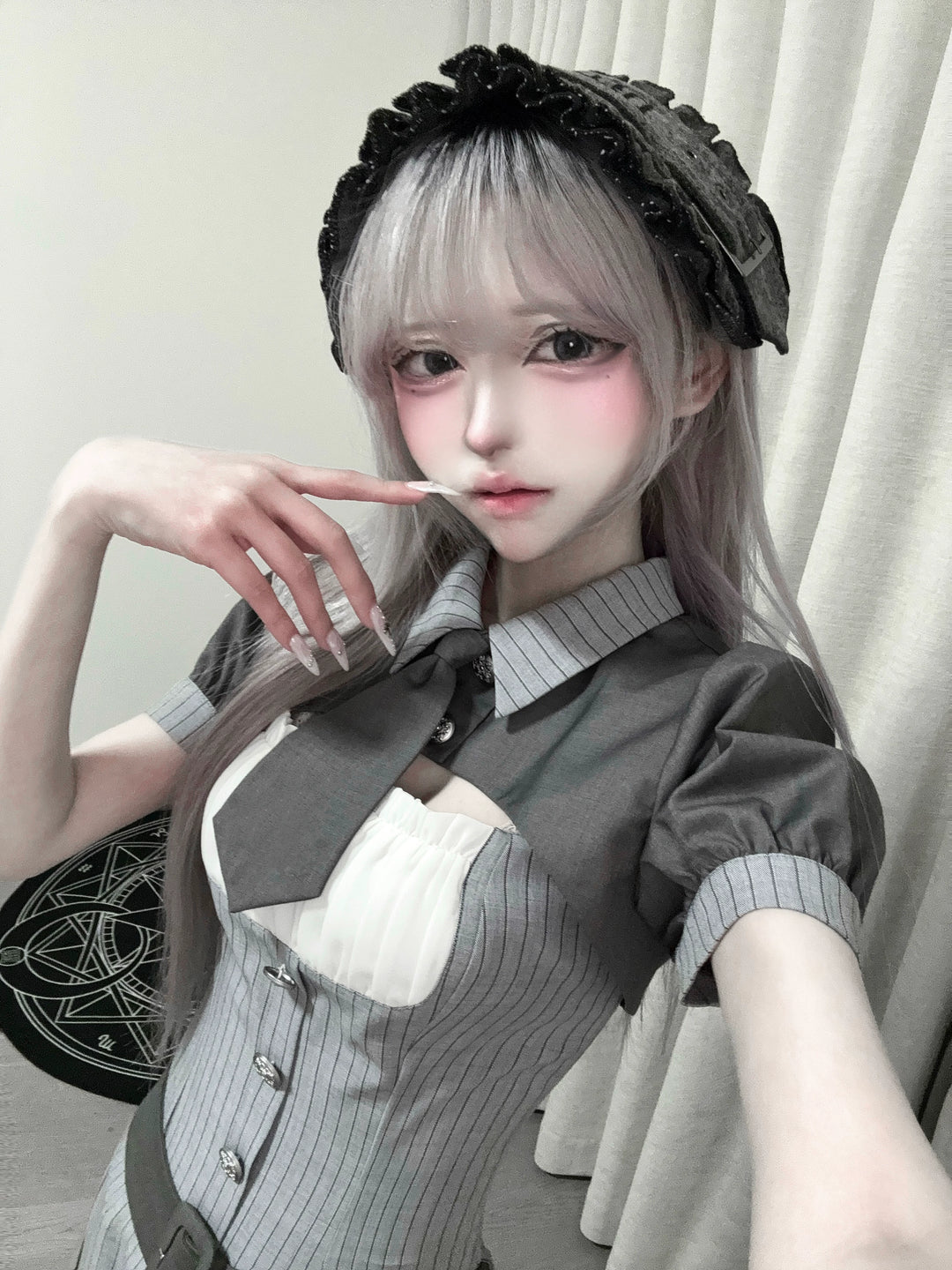 Jirai Kei Gray Striped Dress, Puff Sleeve Bolero 44808:829279