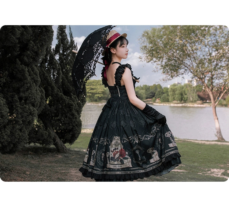 Gothic Lolita Dress With Birdcage Print Black Lolita Dress 35534:495492