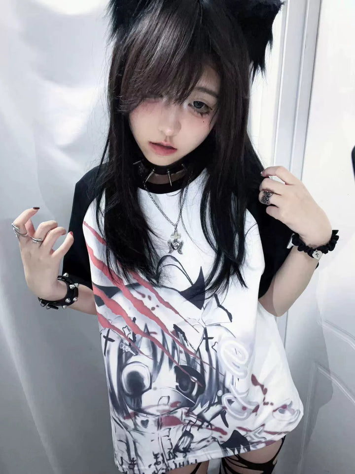 Yami Kawaii T-shirt Subculture Loose Print Cotton T-shirt 37012:546790 37012:546790