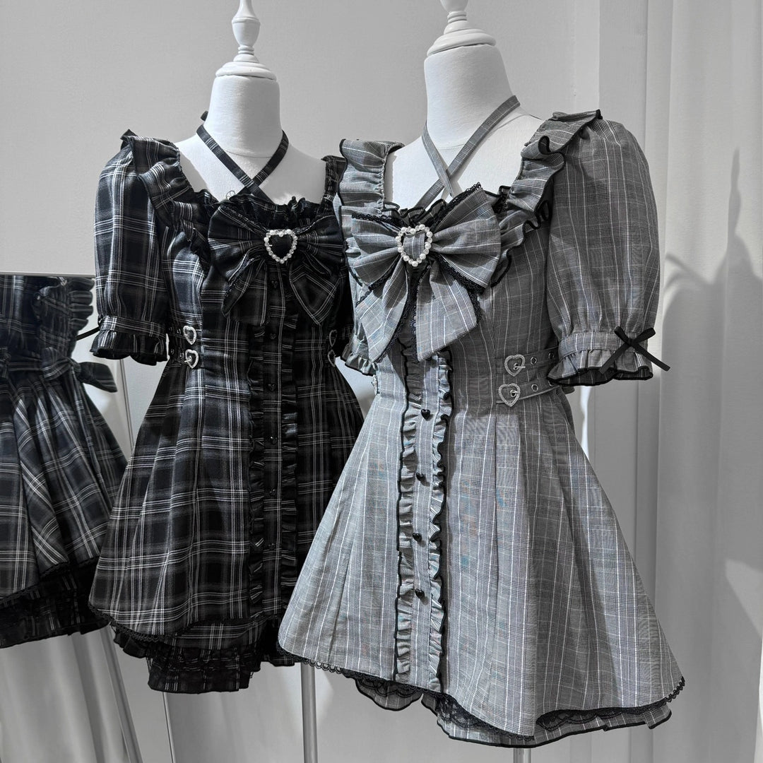 Plaid Jirai Kei Dress Set, Halter Neck, High Waist 43555:779702
