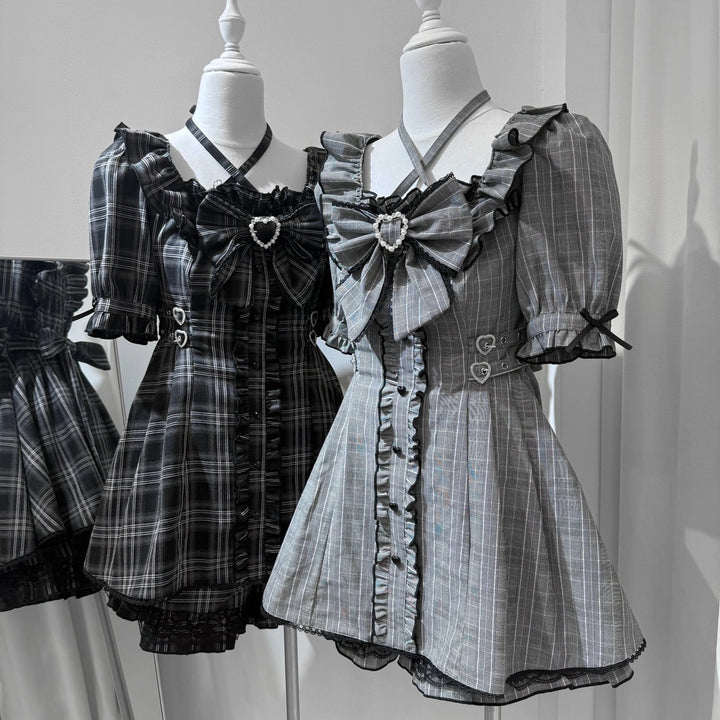 Plaid Jirai Kei Dress Set, Halter Neck, High Waist 43555:779702