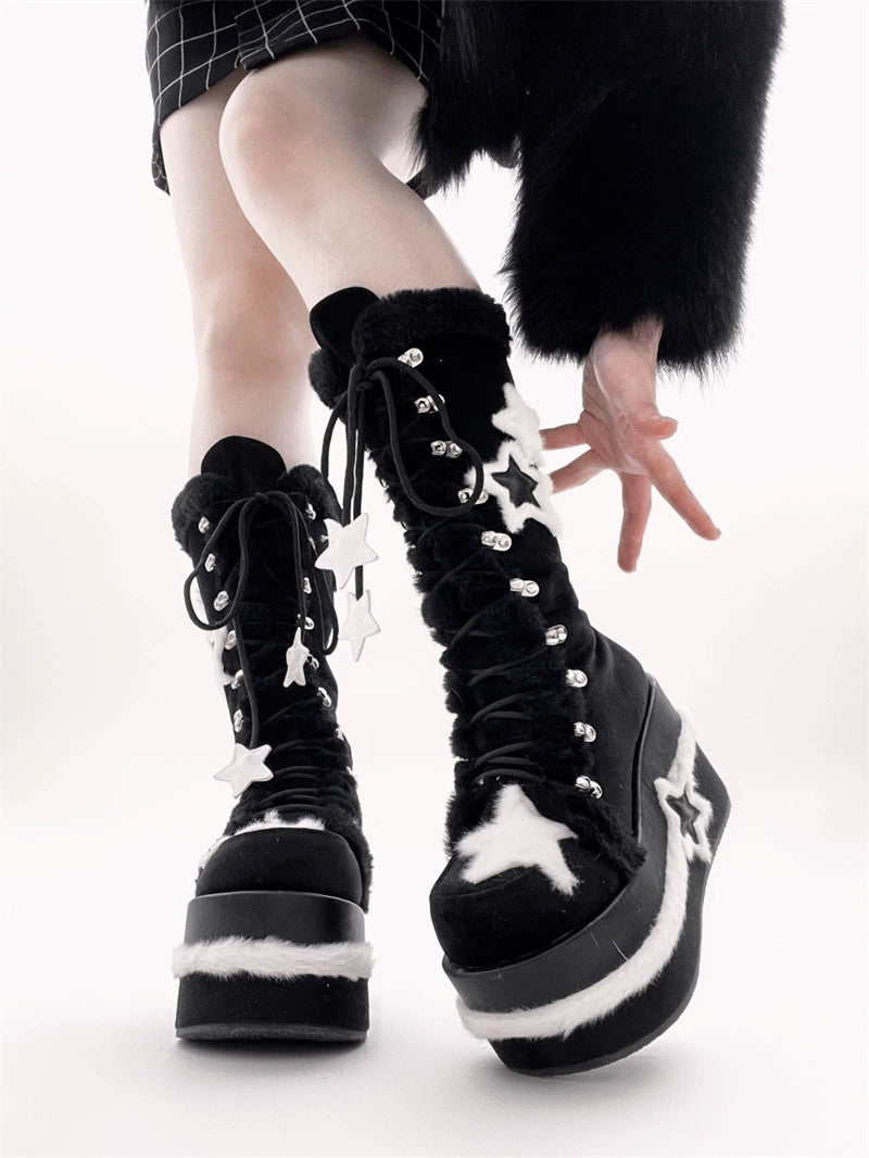 Y2K Platform Shoes Black Plush Combat Boots 33824:439500 33824:439500