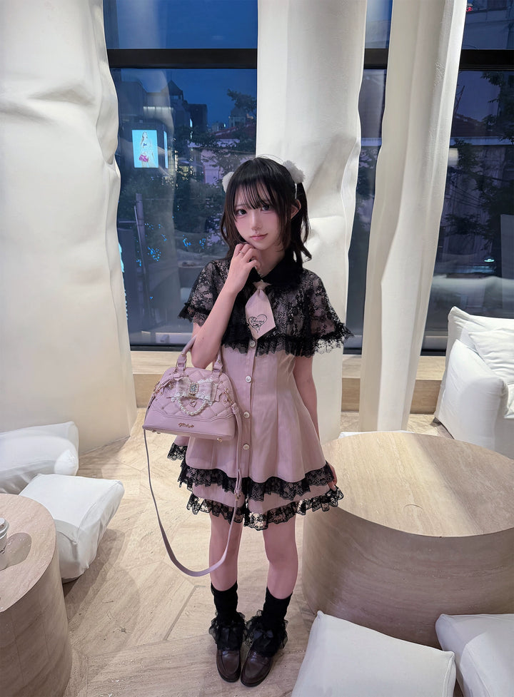Pink Ryousangata Striped Dress, Lace Neckline and Hem 45453:854914