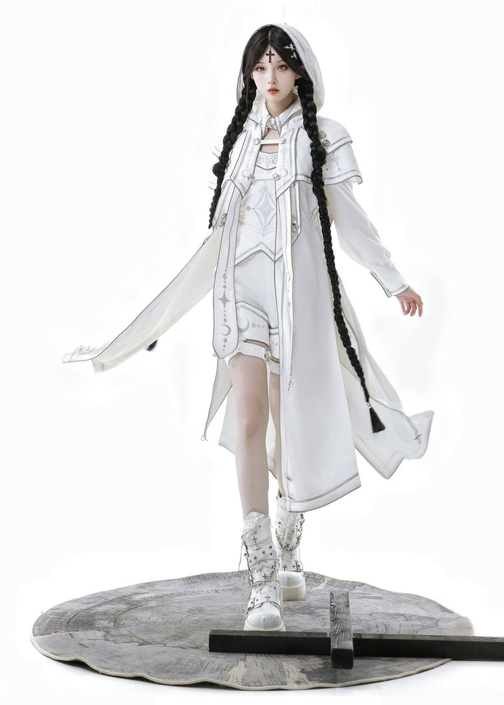 Cyberpunk Cloak Set White Hooded Cloak Top And Shorts 38820:602080