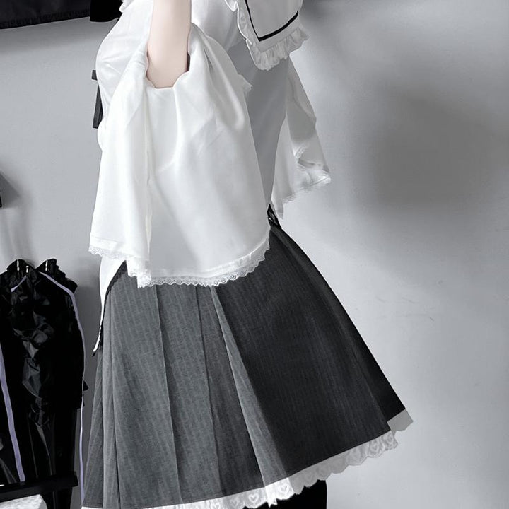 Gothic Outfit White Flared Cuffed Shirt And Striped Skirt with Lace Trim (L M S) 42238:733418