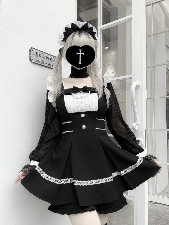 Ryousangata Lace Sleeves Dress, Pintucks and Pearl Chain (L M S XL) 45103:834968