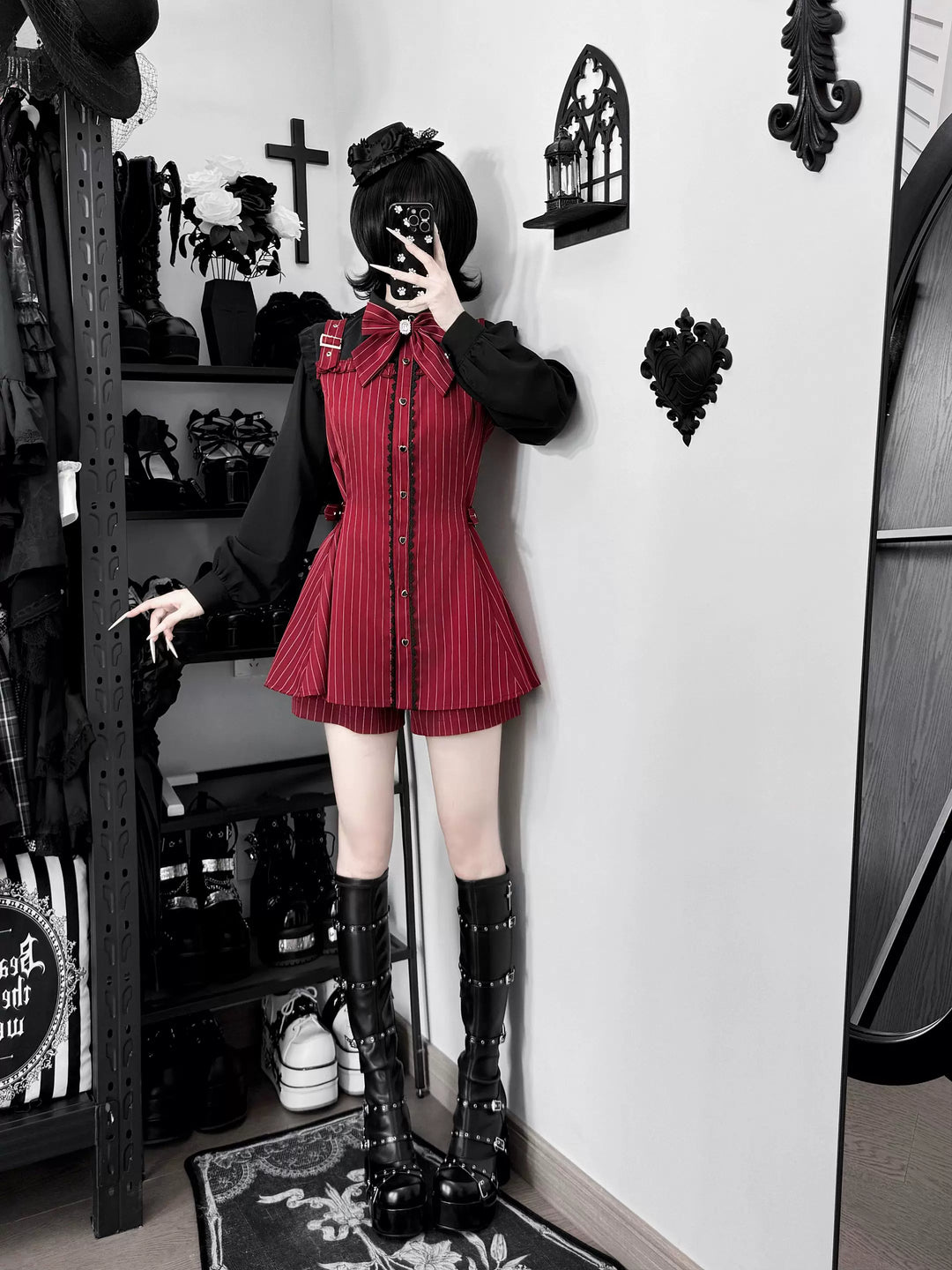 Jirai Kei Striped Dress, Contrast-color Long Sleeve 45795:865651