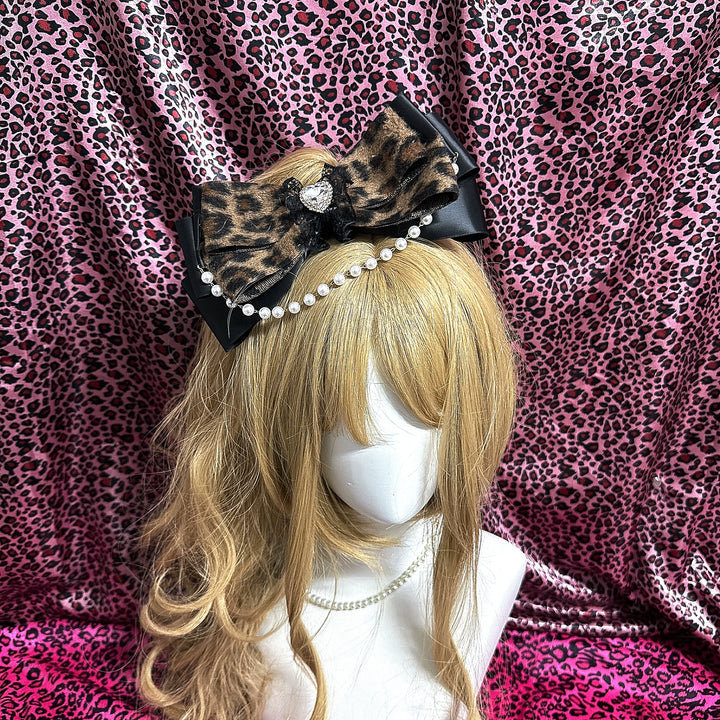Gyaru Leopard Bow Hair Clip, Pearl Chain and Heart Rhinestone 45524:852171