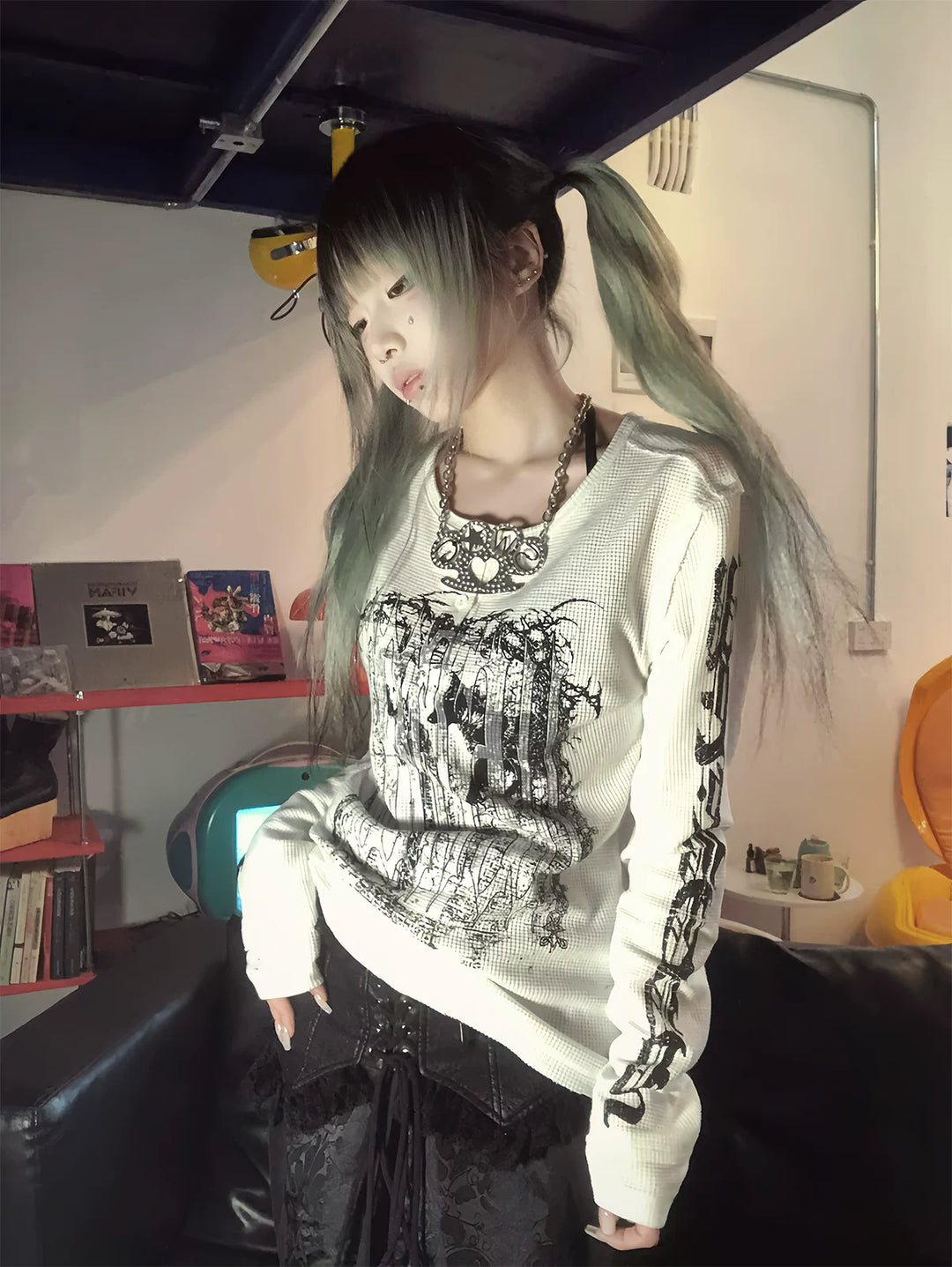 Gothic Printed Long Sleeve T-Shirt, Stretch Cotton 46066:874577