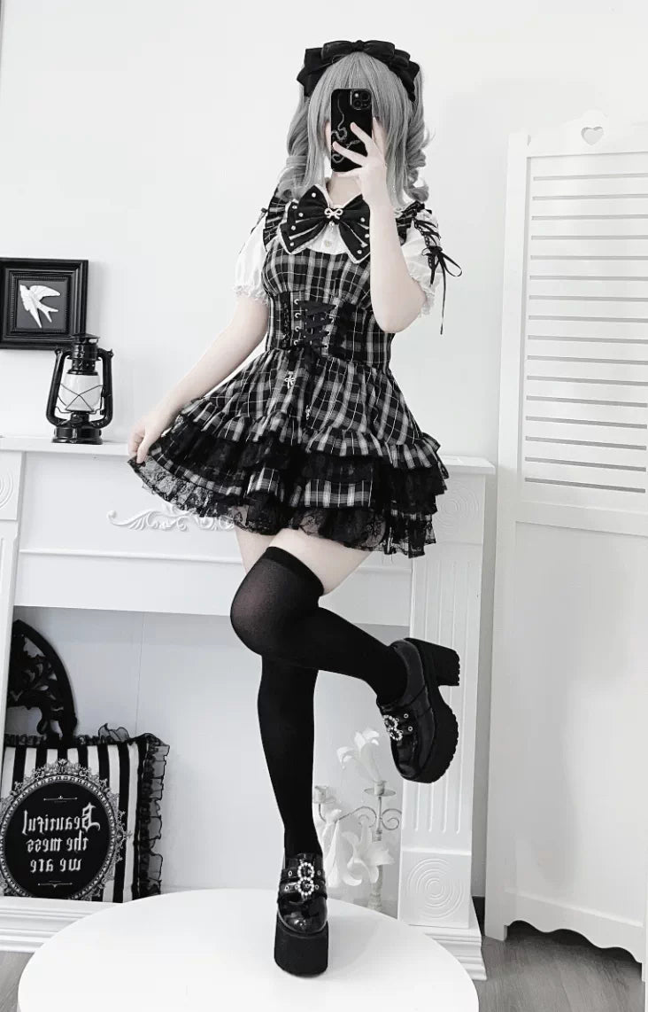 Jirai Kei Lace Plaid Dress Set, Detachable Rhinestone Bow 45700:860686