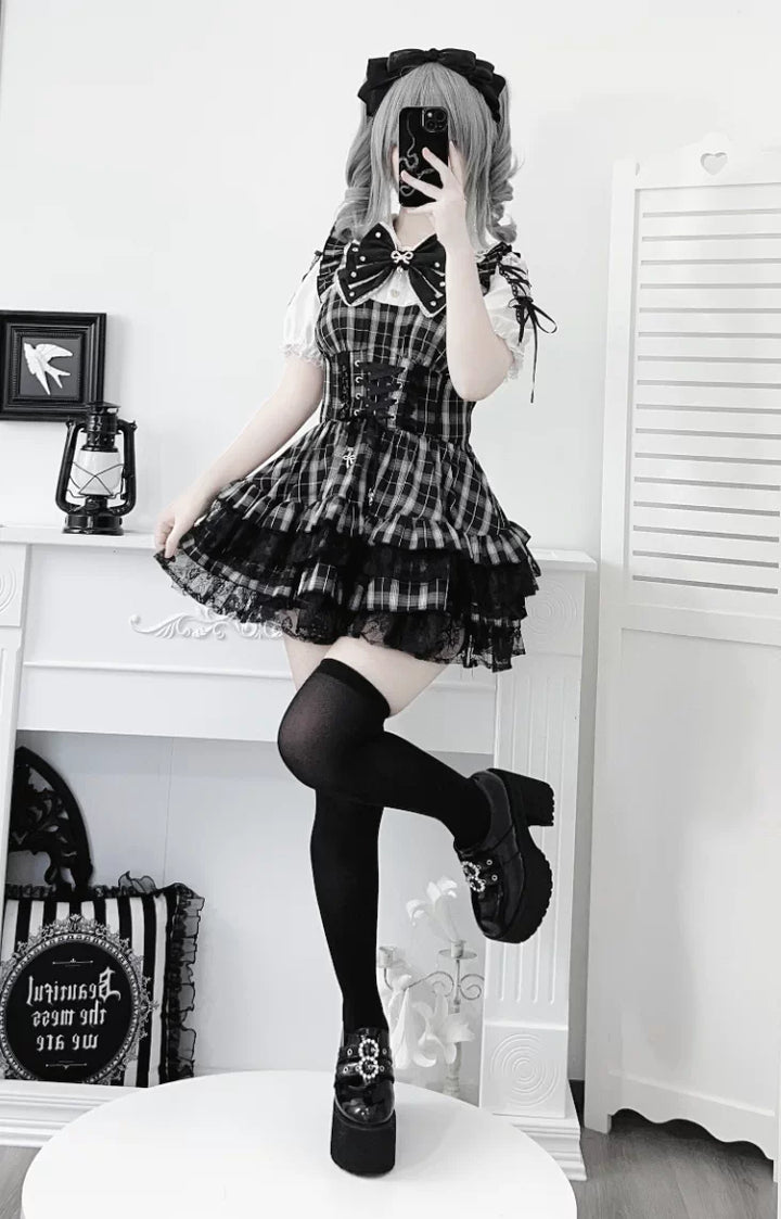 Jirai Kei Lace Plaid Dress Set, Detachable Rhinestone Bow 45700:860686