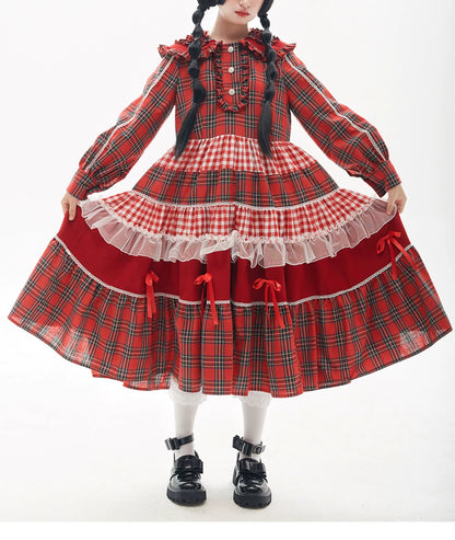 Sweet Lolita Dress Kawaii Dress Retro Dress Red Plaid Dress 36148:542778