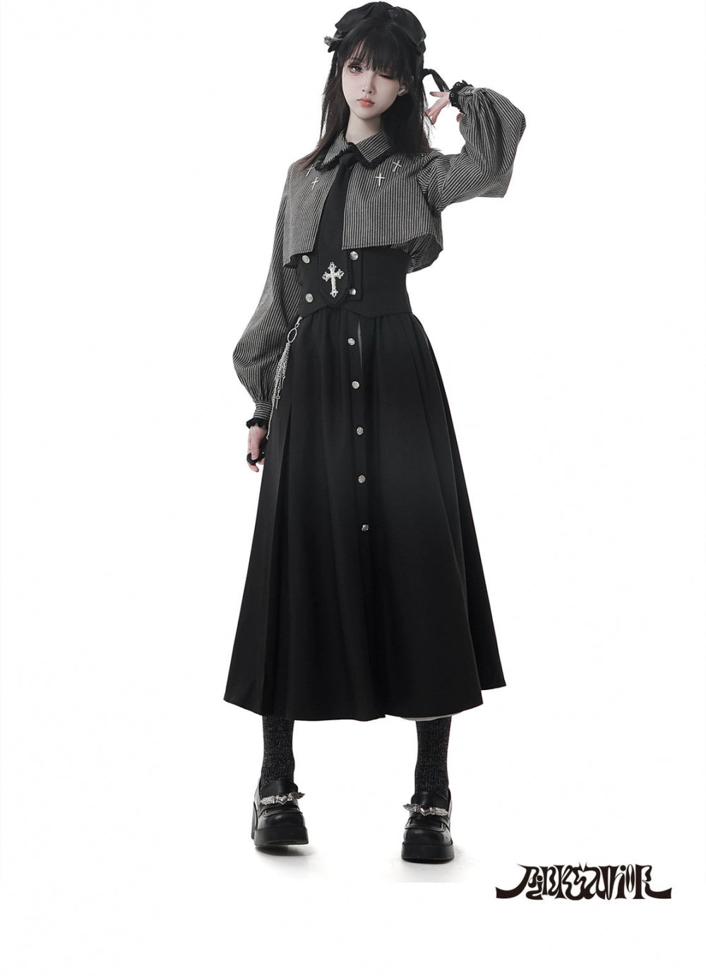 Gothic Striped Blouse and Black Skirt Set 44172:800243