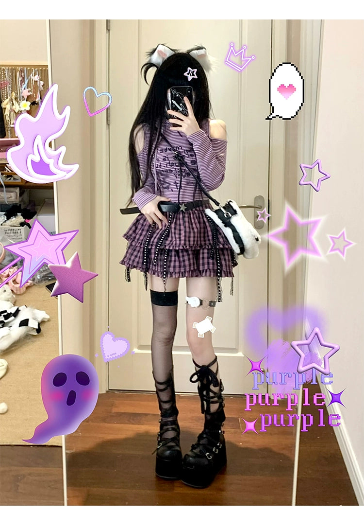 Jirai Kei Outfit Set Purple Bunny Ears Top Plaid Skirt 35824:506534 35824:506534