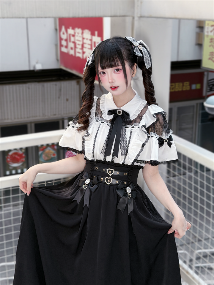 Summer Jirai Kei Lace Blouse, High Waist Skirt 45363:847710
