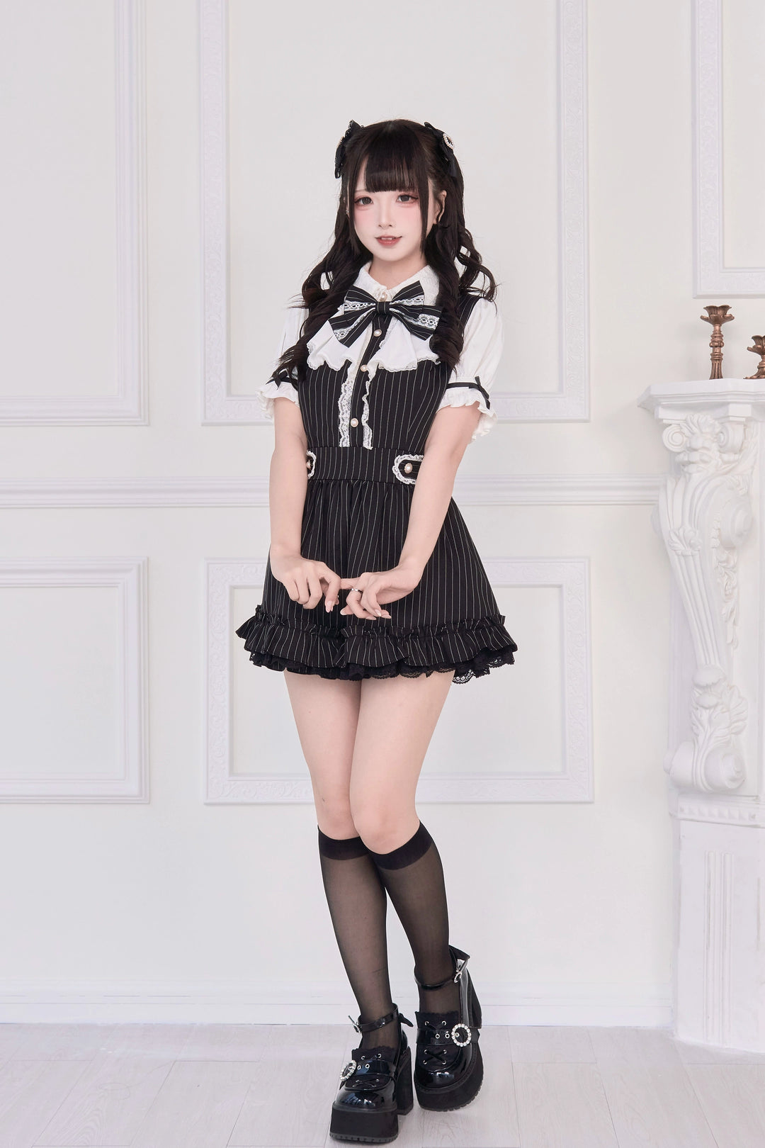 Striped / Solid Jirai Kei Dress, Elastic Shorts (L M) 43533:779055