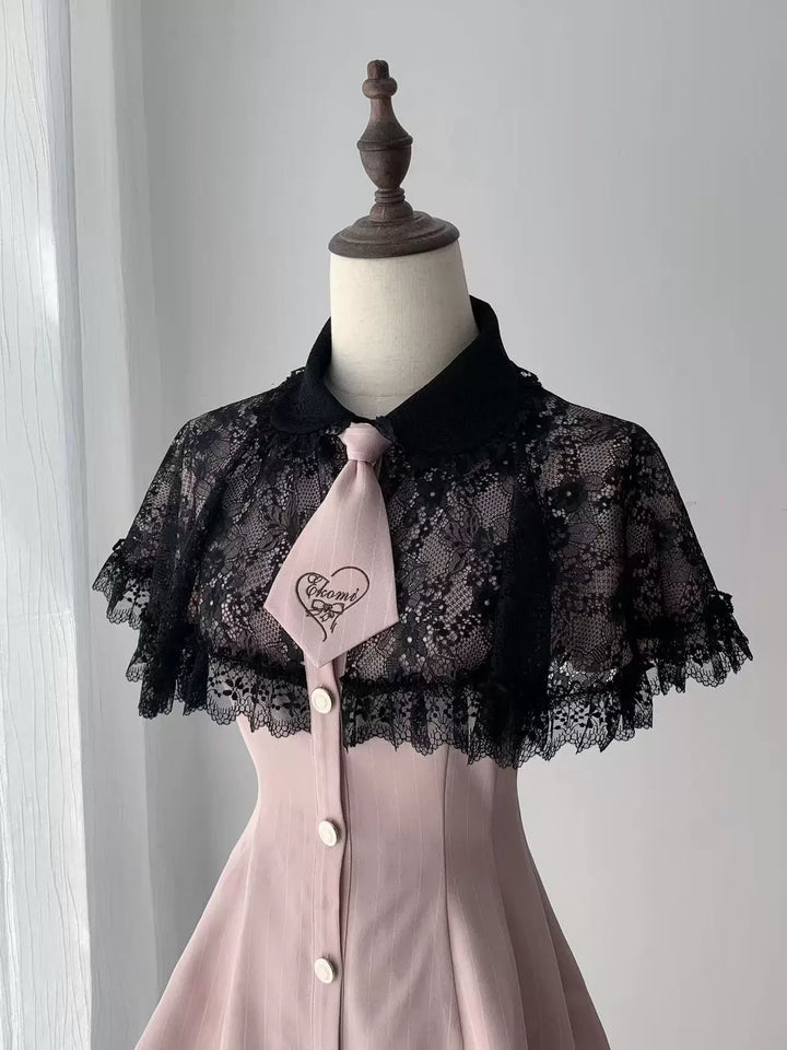 Pink Ryousangata Striped Dress, Lace Neckline and Hem 45453:854923
