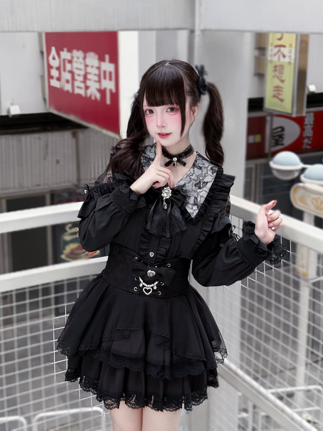 Jirai Kei Long Sleeve Blouse, Lace Open-Shoulder 44588:815079