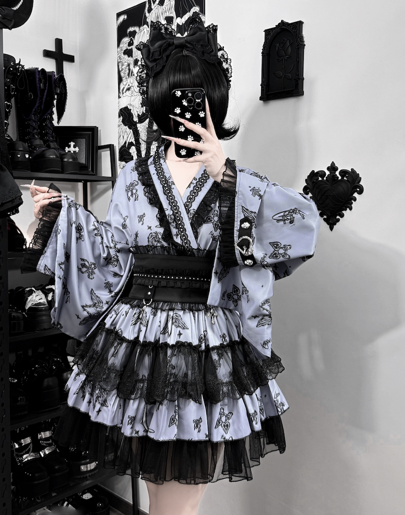 Gothic Blouse and Skirt Yukata Set, Wing Print (L M) 45129:835641