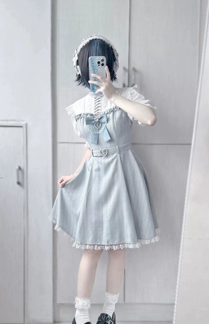 Jirai Kei Dress Short Sleeves Lace-Up Dress With Bow Tie 41036:685878