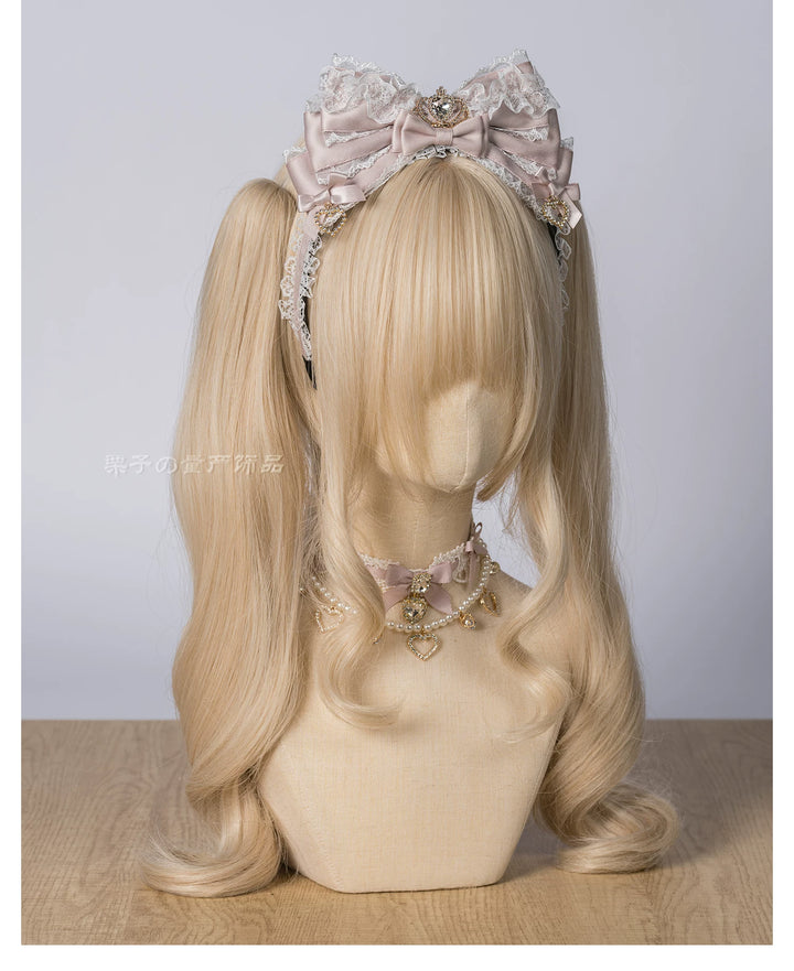 Jirai Kei Layered Bow Lace Headband, Crown & Heart Rhinestone 45960:870846