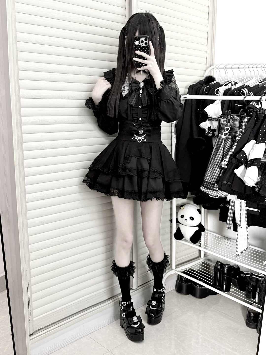 Jirai Kei Long Sleeve Blouse, Lace Open-Shoulder 44588:815110