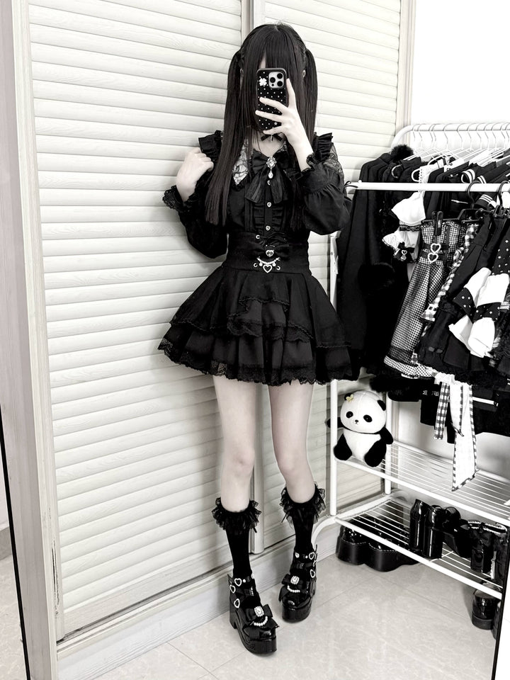 Jirai Kei Long Sleeve Blouse, Lace Open-Shoulder 44588:815110