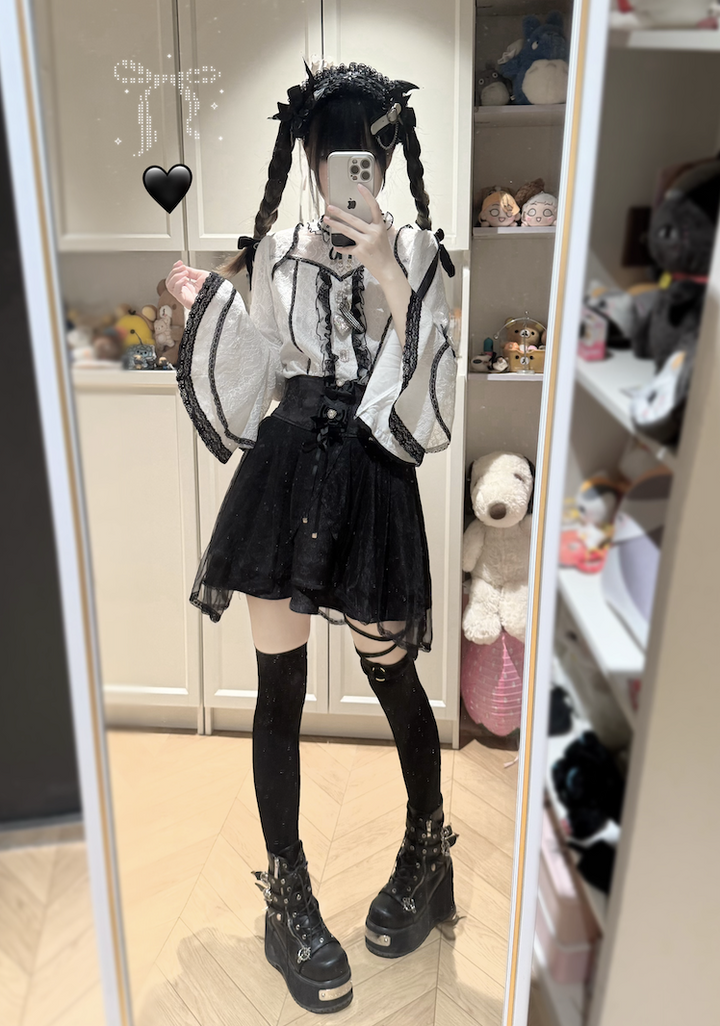 Jirai Kei Lace Blouse and Jacquard Skirt, Hime Sleeves 43943:792467