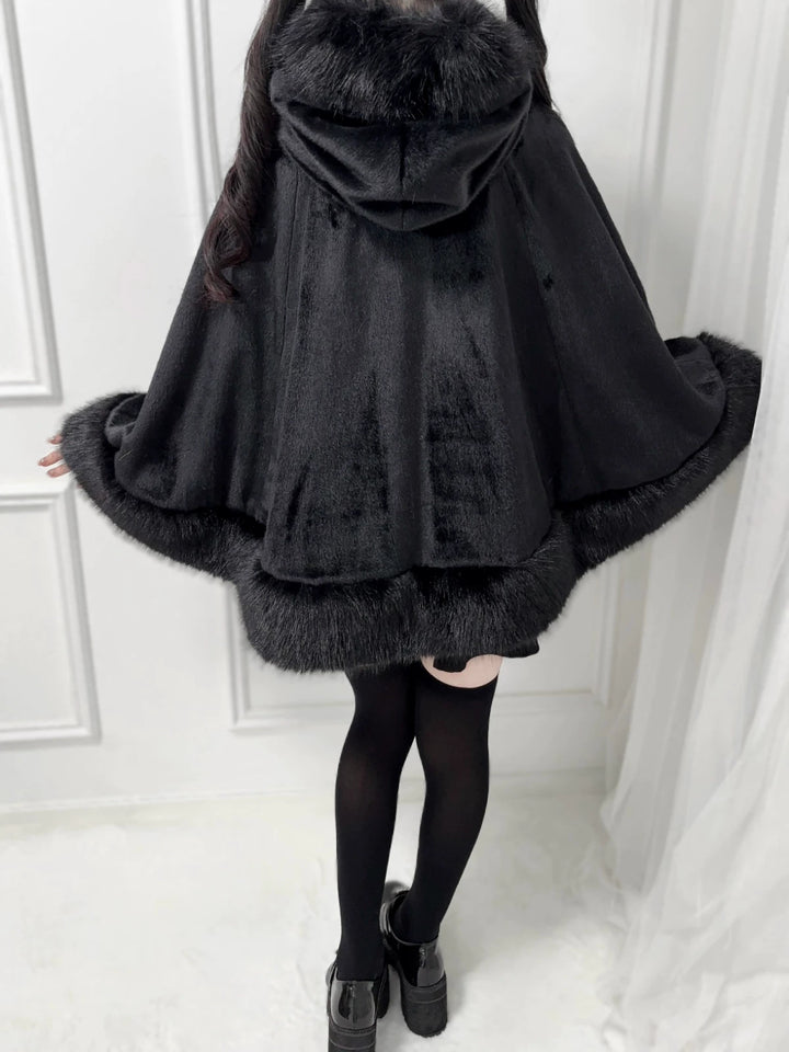 Hooded Jirai Kei Winter Cape, Bow Buttons 44428:808735