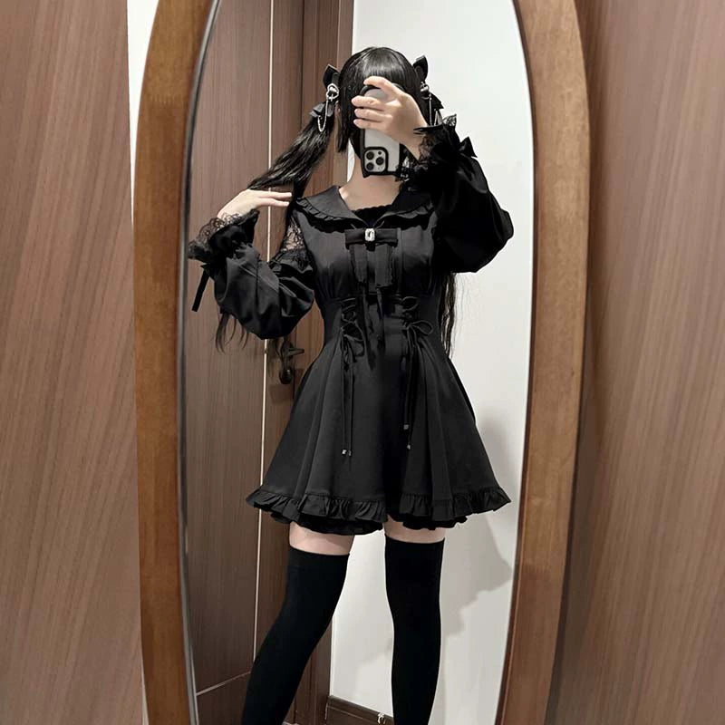 Jirai Kei Dress Set Black Sailor Collar Lace Dress Shorts 40076:649908