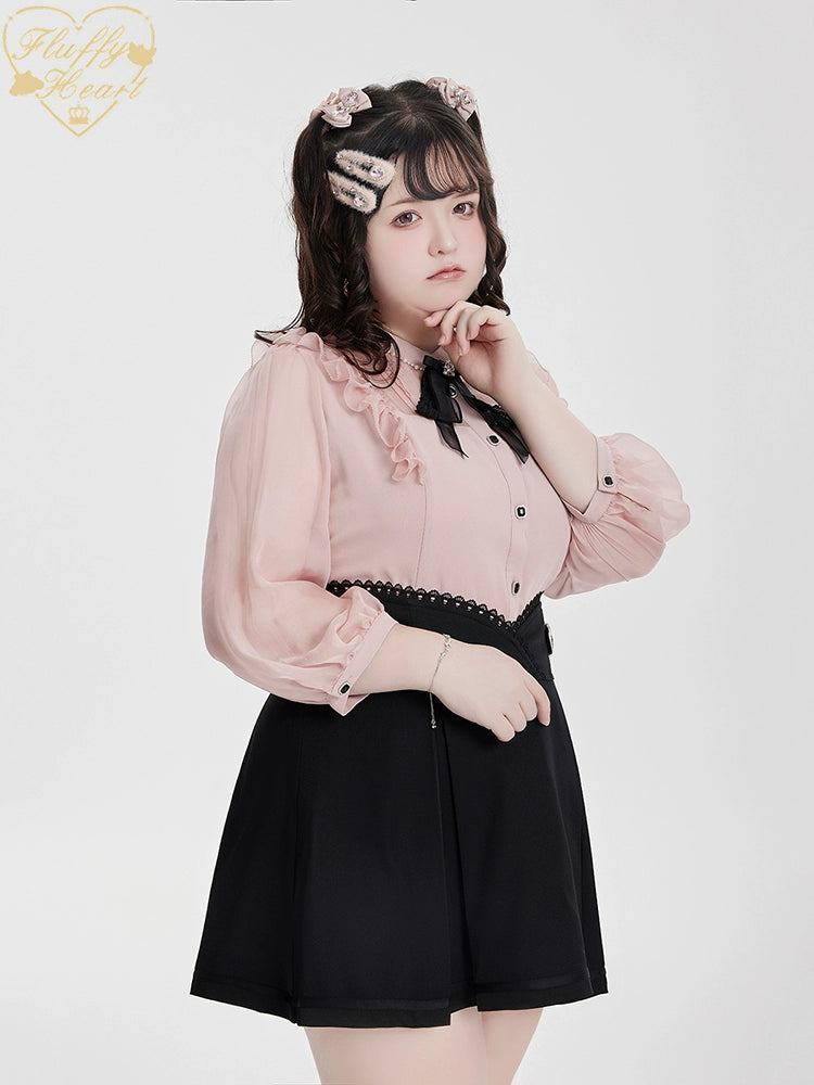 White Pink Jirai Kei Blouse Sheer Lace Shirt with Rhinestone 32914:403888