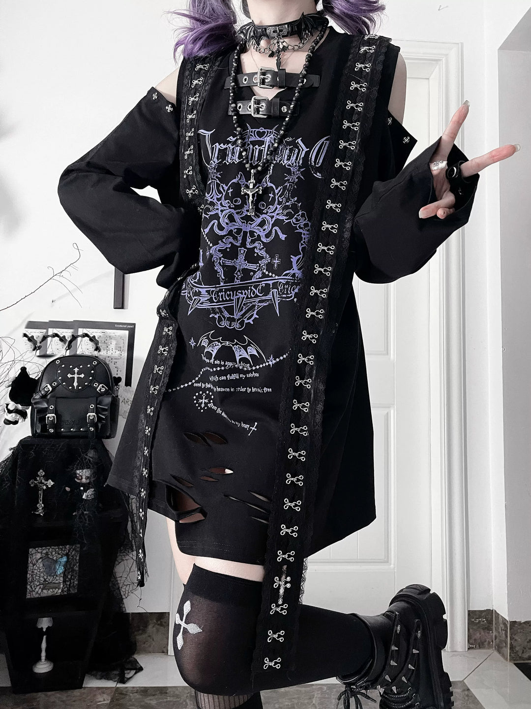 Subculture Long-Sleeved T-shirt, Belted Neck 44563:816466