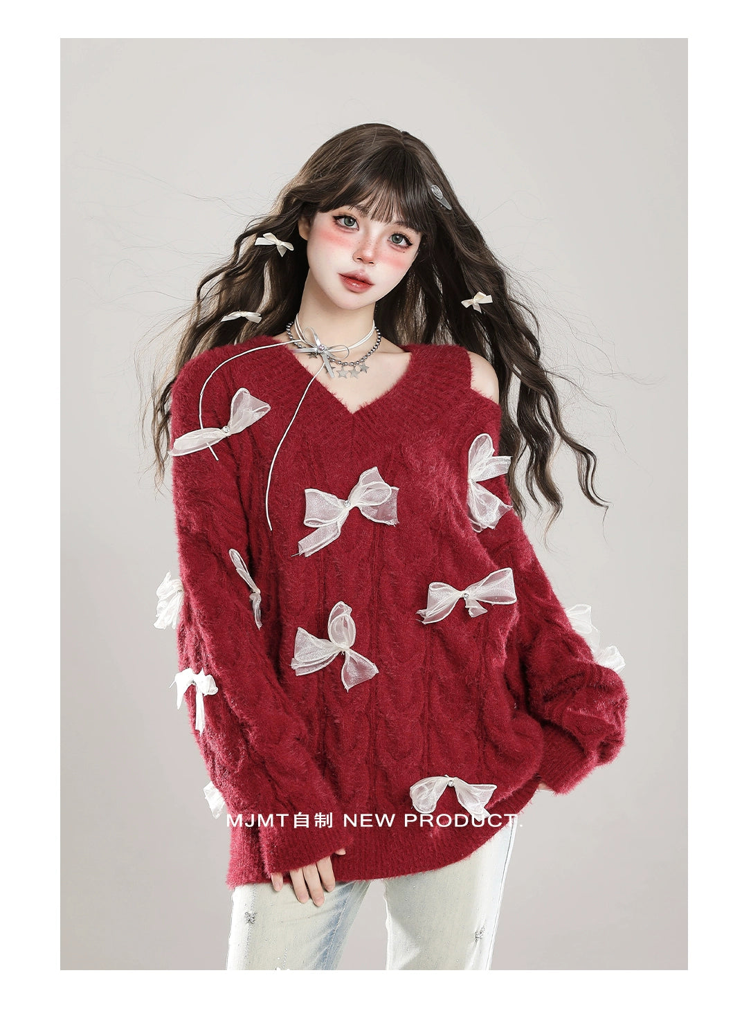 Sweet Winter Sweater, Open-Shoulder, Ribbon Bows 44070:795144