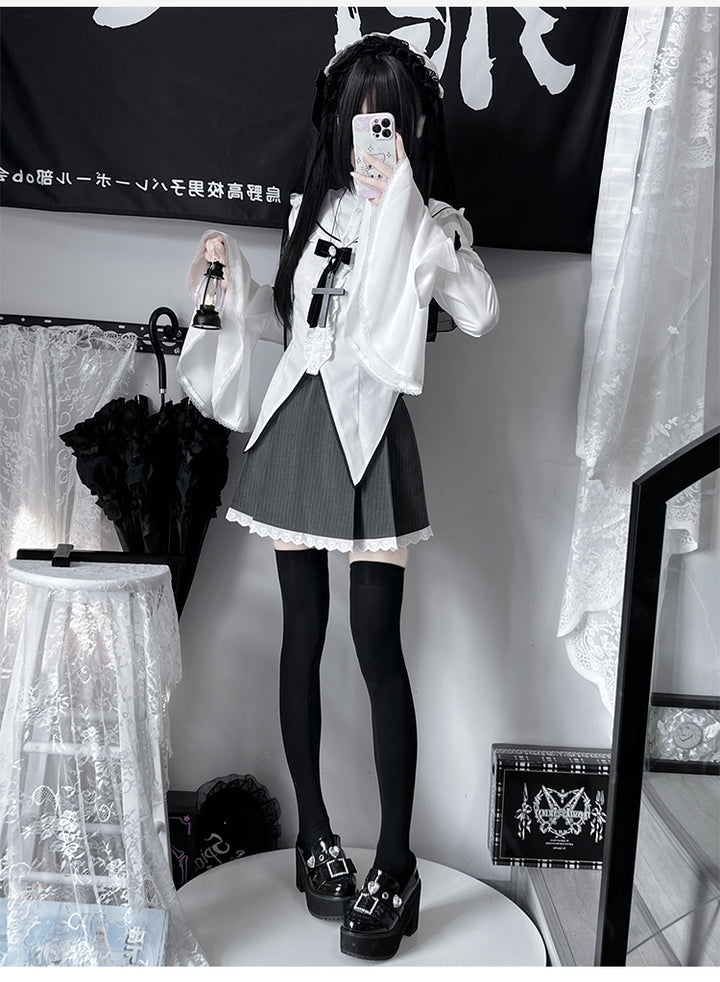 Gothic Outfit White Flared Cuffed Shirt And Striped Skirt with Lace Trim (L M S) 42238:737616