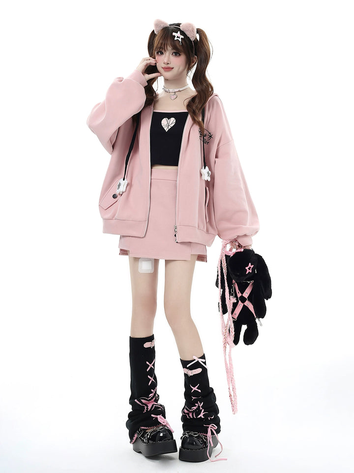 Jirai Kei Hoodie Zipper Jacket Casual Wear Skirt Set Pink Black 32456:439292