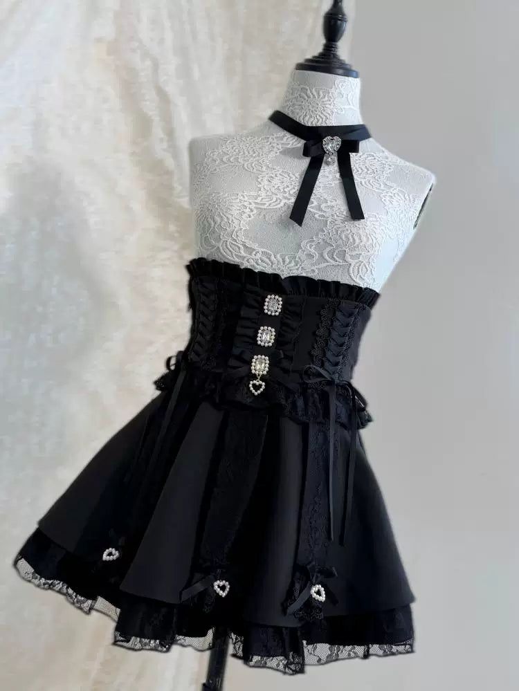 Jirai Kei High Waist Skirt, Lace Ruffle & Rhinestone 45843:865663