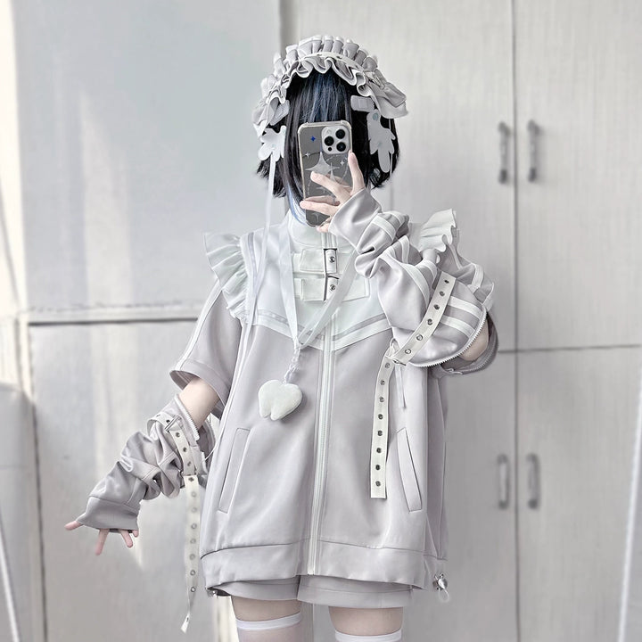 Jirai Kei Outfits Set Gray Black Jacket And Shorts Set 35728:502710