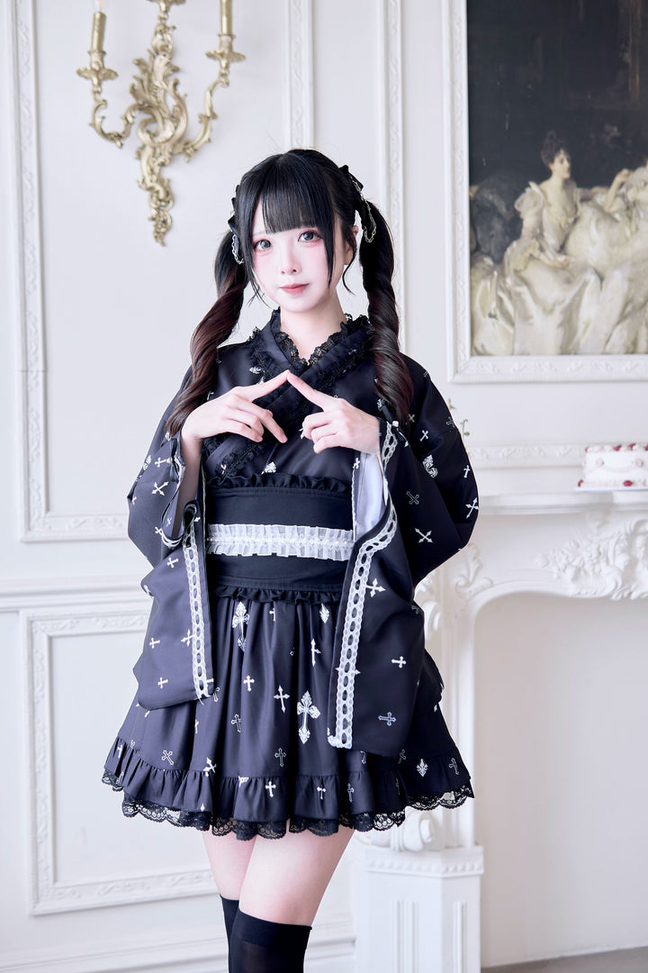 Wa-Style Jirai Kei Kimono Blouse + Ruffle SKirt + Wide Obi Belt (M S) 42799:765959