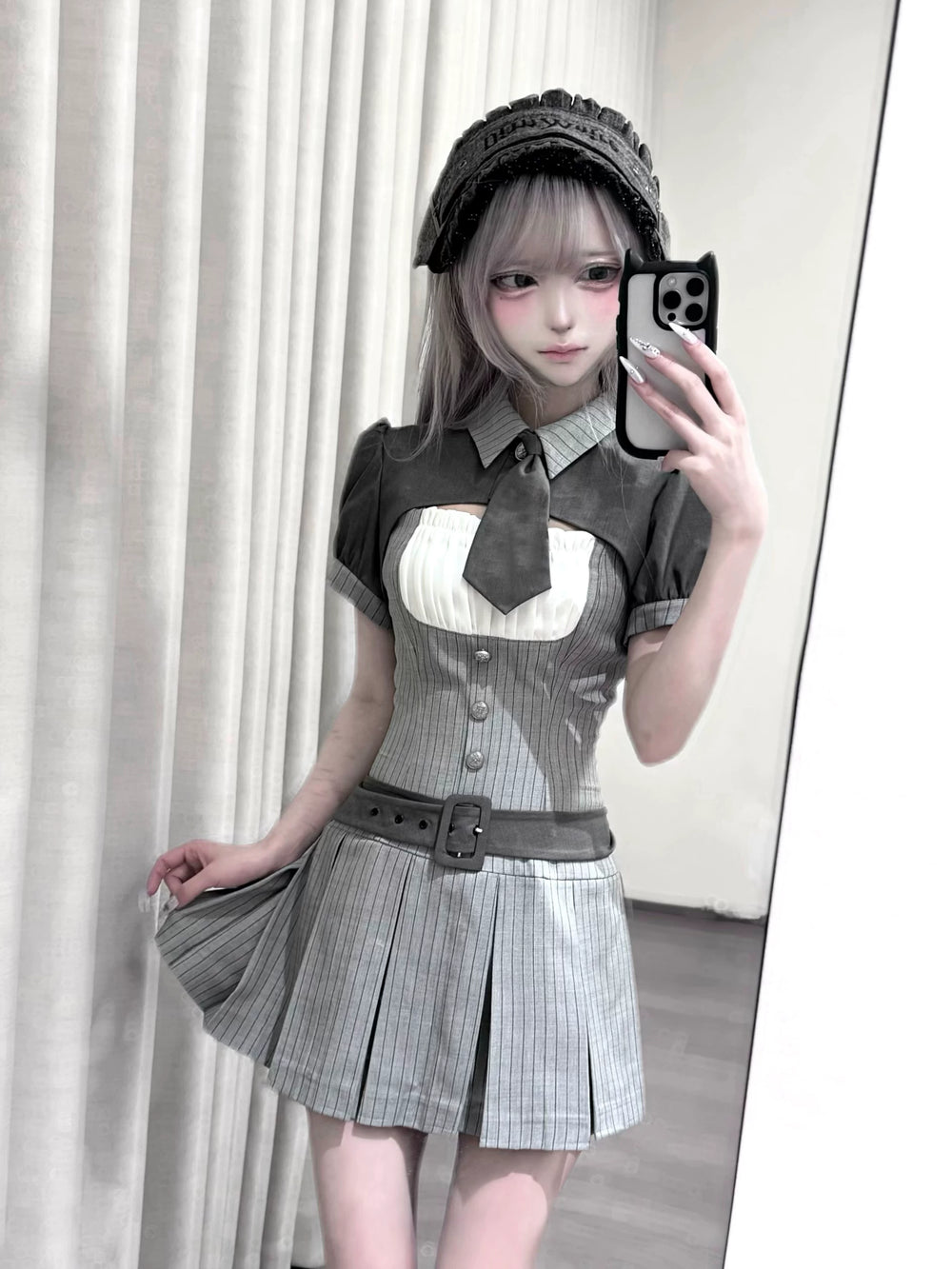 Jirai Kei Gray Striped Dress, Puff Sleeve Bolero 44808:829277