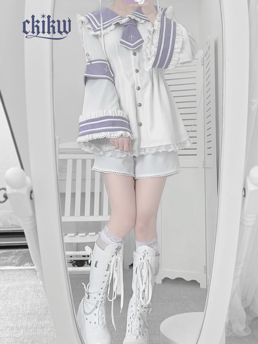 Sailor Collar Jirai Kei Dress Set, Detachable Armband (L M S XS) 43864:788503