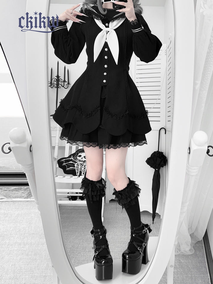Sailor Collar Subculture Dress Set, Petal-Shaped Hem 43865:788517
