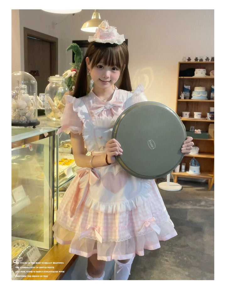 Plaid Jirai Kei OP Dress in Maid Style with Removable Apron 43004:763150