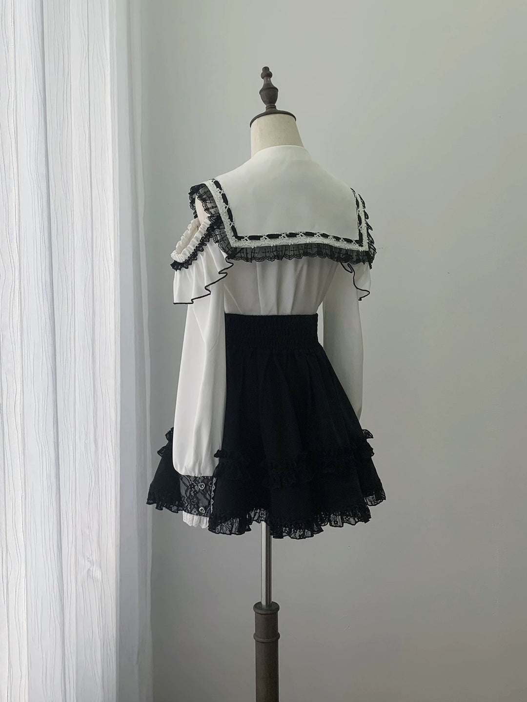 Lace Jirai Kei Sailor Collar Blouse, High Waist Skirt Set 45626:859346
