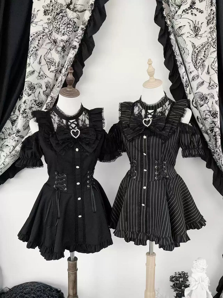 Jirai Kei Pure & Striped Black Dress, Open Shoulder 44960:831994