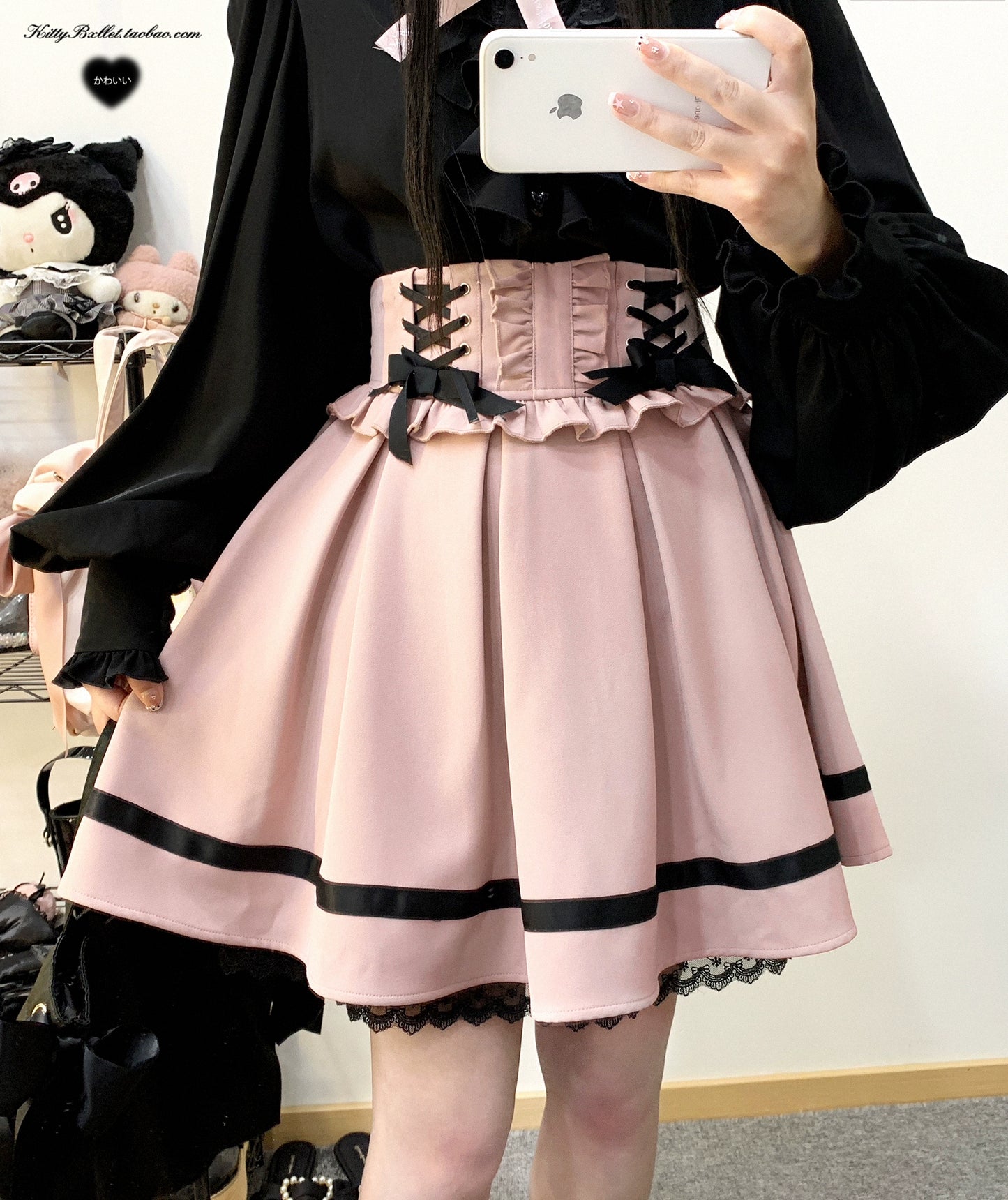 Jirai Kei Skirt High Waist Lace Up Skirt With Bow Tie 31860:396706